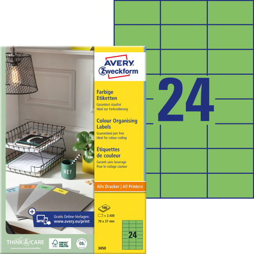 Етикети Avery 70/37 A4 24ет зелен 100л, 1000000000052106 02 