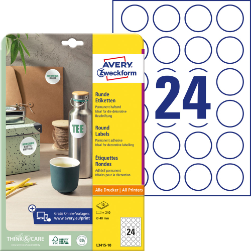Етикети Avery кръг ф40 A4 24е 100л, 1000000000052240 02 