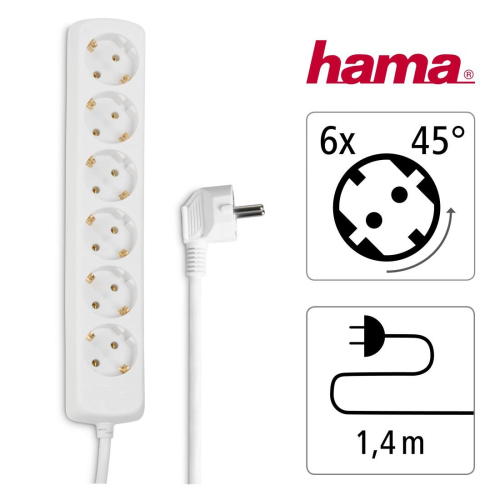Разклонител Hama 30383, 6 гнезда, бял, 2004007249303837 04  — OK Office Разклонител Hama 30383, 6 гнезда, бял, 2004007249303837 04