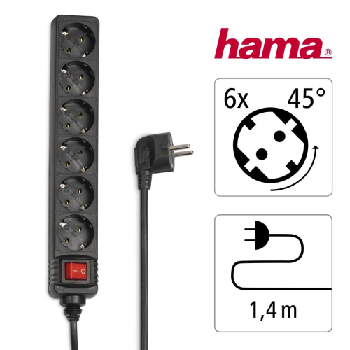 Power Strip Hama 30394, 6 outlets with switch, Black, 2004007249303943 03 