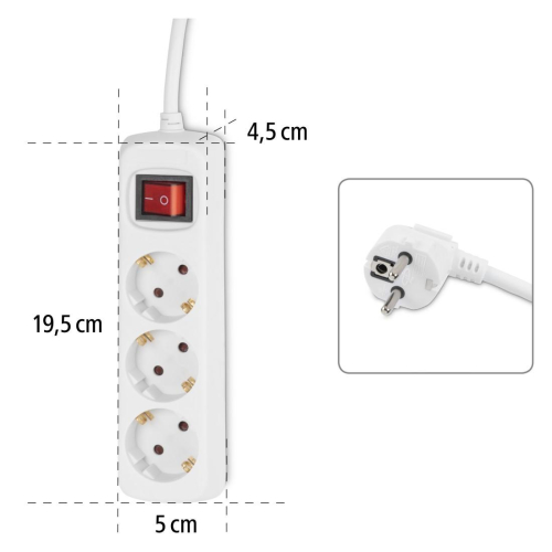 Power Strip Hama 108815, 3 outlets with switch, White, 2004047443182494 07  — OK Office Power Strip Hama 108815, 3 outlets with switch, White, 2004047443182494 07