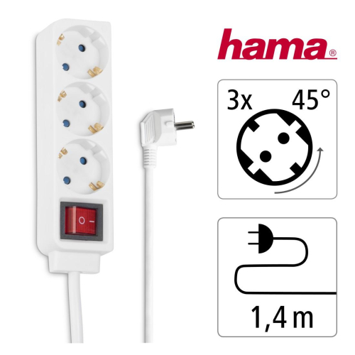 Hama Power Strip 3-Way with Switch 1.4 m white, 2004047443414328 02  — OK Office Hama Power Strip 3-Way with Switch 1.4 m white, 2004047443414328 02