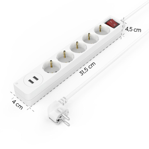Hama Power Strip, 5 outlets + 2x USB with Switch, White, 2004047443481269 03 