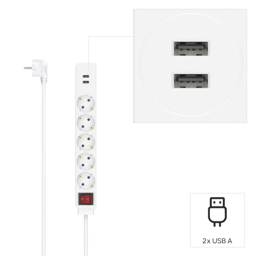 Hama Power Strip, 5 outlets + 2x USB with Switch, White, 2004047443481269