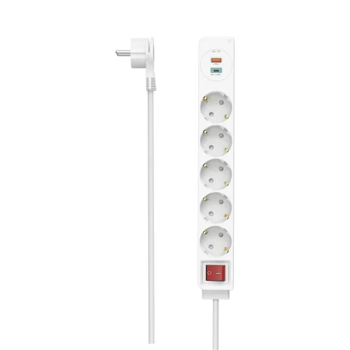 Разклонител HAMA USB-C/USB-A 3.4A, 5 гнезда, 2x USB,PD/Quick charge, макс 18W,1.4м, 3680W, бял, 2004047443481290