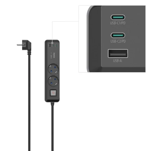 Hama Power Strip, 2-Way, USB-C/A 65 W, PD, Switch, 1.4 m, black/grey, 2004047443497314