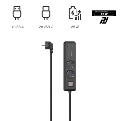 Разклонител Hama, 2 гнезда + 3xUSB-C/A с ключ, черен/сив