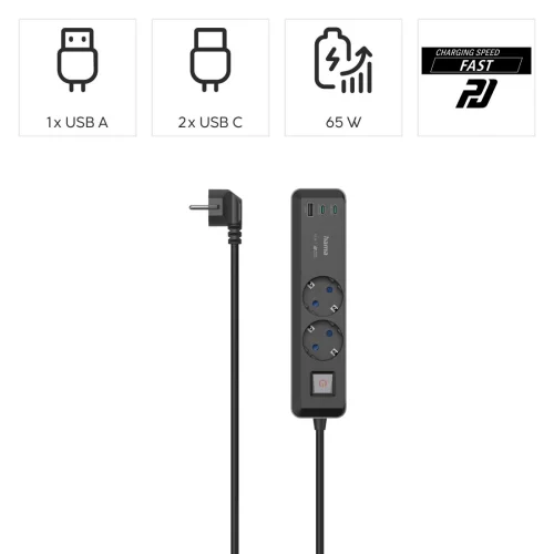 Hama Power Strip, 2-Way, USB-C/A 65 W, PD, Switch, 1.4 m, black/grey, 2004047443497314 03 