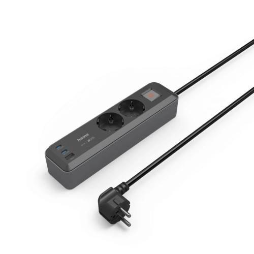 Hama Power Strip, 2-Way, USB-C/A 65 W, PD, Switch, 1.4 m, black/grey, 2004047443497314 04 