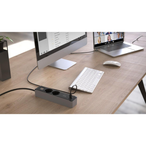 Разклонител Hama, 2 гнезда + 3xUSB-C/A с ключ, черен/сив, 2004047443497314 06  — OK Office Разклонител Hama, 2 гнезда + 3xUSB-C/A с ключ, черен/сив, 2004047443497314 06