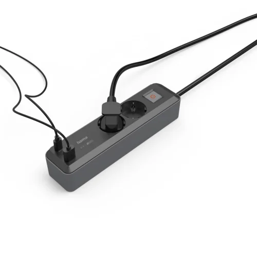 Разклонител Hama ,2-гнезда, USB-C/A 65 W, PD, ключ on/off , 1.4 m, черен/сив, 2004047443497314 08 