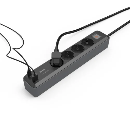 Разклонител Hama, 4-гнезда, USB-C/A 65 W, PD, ключ on/off, 1,4 м, черен/сив, 2004047443497451 03 