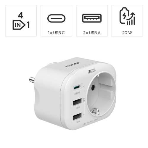 Power Strip 4 outlets, 1 x USB-C, 2 x USB-A, White, 2004047443498359 04  — OK Office Power Strip 4 outlets, 1 x USB-C, 2 x USB-A, White, 2004047443498359 04
