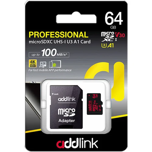 Памет Micro SD 64GB Addlink V30 PRO, 1000000000033036