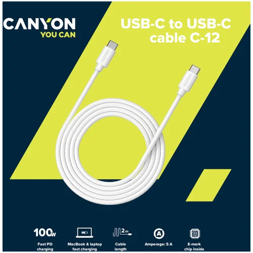 Кабел Canyon USB-C/USB-C UC-9 2м бял, 1000000000040213 03 
