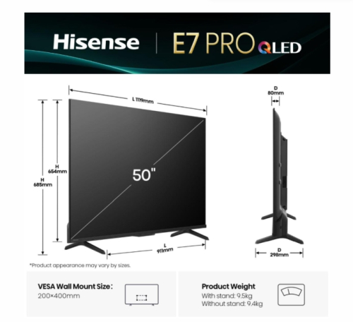 Смарт телевизор Hisense E7Q Pro 50' 4K QLED 3840x2160 черен, 2006942351424248 02 
